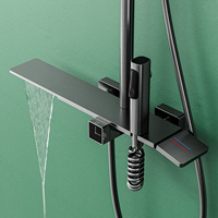 Système de douche moderne classique chromé avec jets de pluie et de massage, commande thermostatique, barre coulissante, noyau de valve en céramique, gris brossé