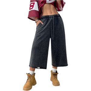 FOXA Women's Wide Leg Drawstring Waist Cropped Sweatpants With Pockets Breathable Cotton Terry Fabric Pants For Workout - Product Image 1