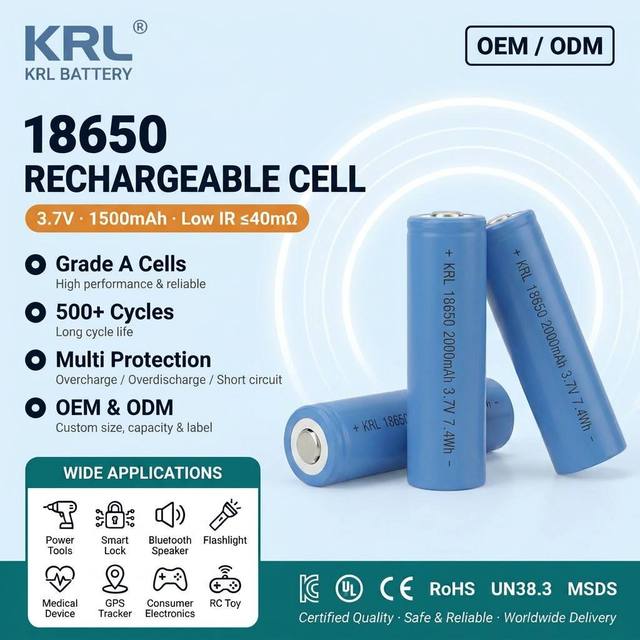 CCC UN38.3 Certified KRL 18650 LiCoO2 Li-Ion 3.7V 2200mAh 500-Cycle Rechargeable Battery High Capacity for DIY Battery Pack