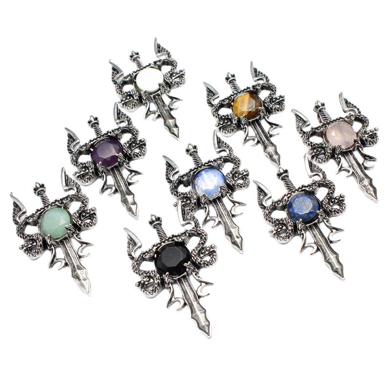 Wholesale Vintage Natural Stone Crystal Labradorite Double-Winged Dragon  Sword Pendant Bracelet Accessories for Children