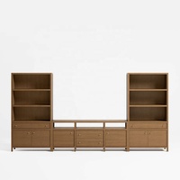 Meuble TV mural modulaire Japandi 141,7 pouces, console multimédia en bois avec étagères latérales, boutons dorés, luxe