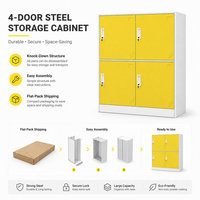 Armoire de rangement moderne en acier avec 4 portes jaunes verrouillables, étagères ouvertes pour livres, dossiers, jouets et articles essentiels quotidiens