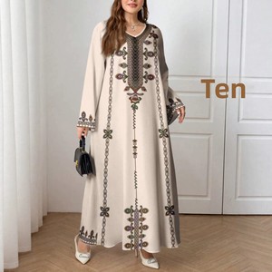 <span class=keywords><strong>Robe</strong></span> <span class=keywords><strong>longue</strong></span> élégante à col en V imprimé, style vintage européen et américain, coupe ample, style ethnique, à manches longues, une pièce - Product Image 1
