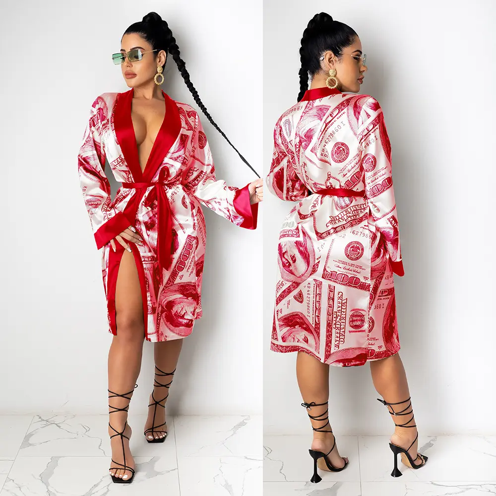 Women's sleepwear Wholesale sexy silk satin money robes print bath robe money dress custom lingerie women bath robes sleepwear