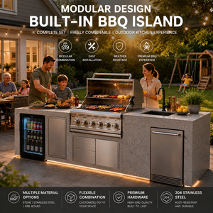 Cuisine extérieure modulaire moderne en acier inoxydable, étanche, préfabriquée, avec bar de jardin, réfrigérateur à boissons intégré et barbecue. - Product Image 1