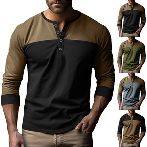 <b>Men's</b> Long Sleeve Patchwork <b>Henley</b> Shirt Casual Knitted Full Sleeve Button Down Collar 2024 Spring Autumn <b>Top</b> - Product Image 1