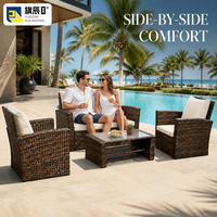 Ensemble de meubles de patio extérieur 4 pièces en rotin PE, canapé deux places, 2 fauteuils, table basse en verre, canapé de jardin, coussin crème
