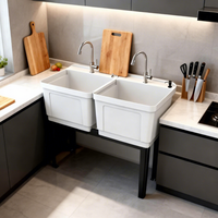 Évier portable double trou pour lavage des mains, autoportant, en plastique PP, écologique, facile à nettoyer, avec égouttoir, vasque rectangulaire, design contemporain