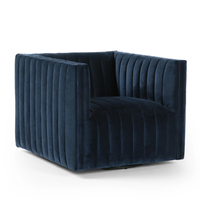 Fauteuil pivotant moderne en velours bleu marine capitonné avec base métallique pour salon, hôtel, vente en gros, OEM, personnalisé