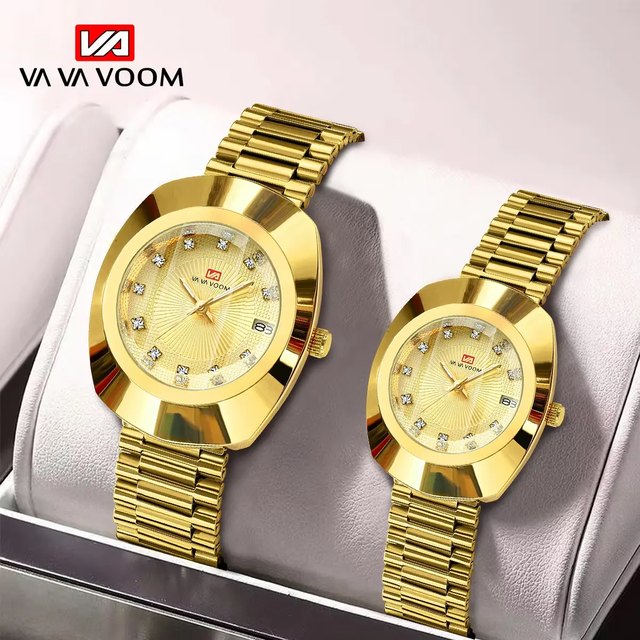 VA VA VOOM 2511 Luxury Diamond Business Couple Wristwatch Original Fashion Gold Luminous Paired Men Women Stainless Steel Watch