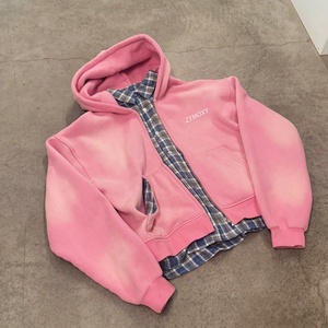 Custom Designer <b>Flannel</b> Shirts Lined Heavy Men Hoody <b>Jacket</b> Vintage Pink Blank Sun Faded Acid Wash Zip up Boxy Cropped Hoodie - Product Image 1