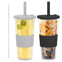 Lot de 2 gobelets en plastique à double paroi de 0,5 L avec couvercles à vis et pailles, tasses de voyage réutilisables pour café, jus et bubble tea