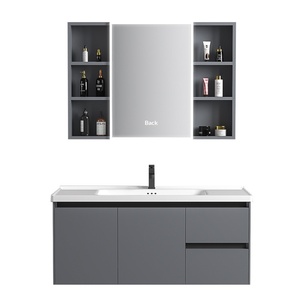 <span class=keywords><strong>Meuble</strong></span> de salle de bain mural moderne et simple en alliage d'aluminium alvéolé avec lavabo en céramique intégré et miroir entièrement hermétique - Product Image 5