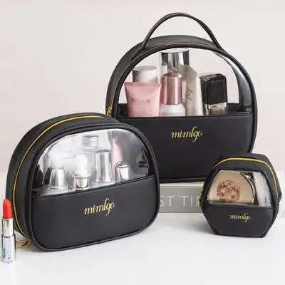 Custom pu Leather PVC Clear Transparent Kit Bag Ladies Makeup Cosmetic Bag Set in 3 Piece Toiletry wash bags