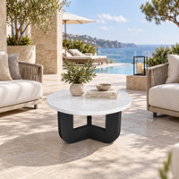 Table basse d'extérieur ronde contemporaine, plateau en marbre de style premium, mobilier de patio minimaliste pour villa de luxe et jardin
