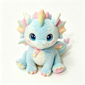 Peluche de Dragón Acuático Kawaii en Tonos Pastel con Alas de Arcoíris y Lazo – Adorable Animal de Peluche Sentado para Niños, Decoración de Cuarto Infantil y Regalos - Product Image 2