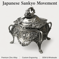 Boîte à musique personnalisée en alliage de zinc avec mouvement Sankyo, couvercle à pompon, intérieur en velours gaufré, vente en gros OEM