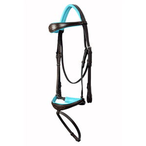 Bridon de spectacle en cuir véritable anatomique, rembourré, avec surpiqûres fantaisie, bleu sarcelle, avec rembourrage doux pour frontale et muserolle, équipement d'équitation anglais, vente en gros OEM - Product Image 1