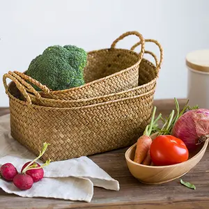 HBK panier de rangement ovale pour œufs de fruits, panier tissé en herbe marine naturelle avec poignée, trois pièces/ensemble