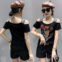 Blusa para Mujer con Estampado Floral de Rosas, Estrás y Lentejuelas Brillantes, Estilo Rockero para Discoteca, Camiseta de Manga Corta para Fiesta