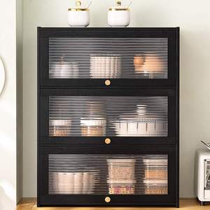 Mueble de Cocina Negro de Madera con 3 Niveles, Puerta de Vidrio Acanalado, Organizador Independiente para Especias y Tazones - Product Image 2