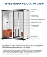 Cabine insonorisée compacte avec porte en verre, poignée en bois et panneau acoustique pour réunions privées
