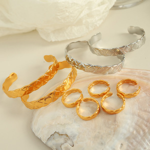 European Style Irregular Textured C Shape Bracelet <b>Set</b> <b>Gold</b> Silver Adjustable <b>Bangle</b> For Women Geometric Design - Product Image 1