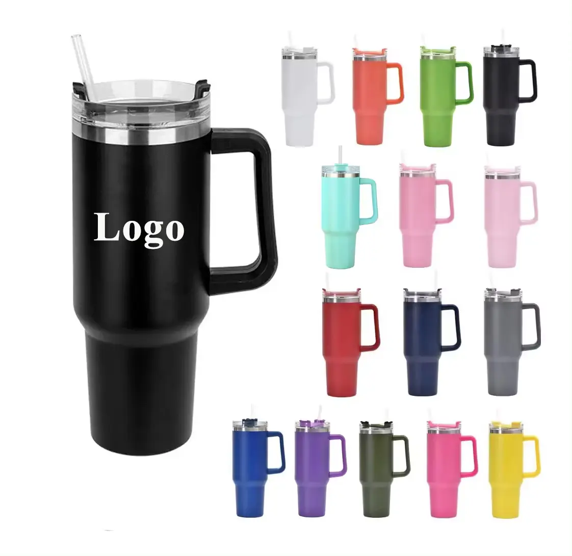 Custom Vacuum Insulated 40oz Quencher Travel Mug Flowstate Stainless Steel Tumbler With Straw And Handle
