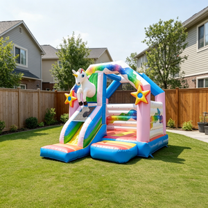Château gonflable licorne arc-en-ciel avec toboggan, en PVC commercial, pour enfants, pour fêtes en plein air - Product Image 1