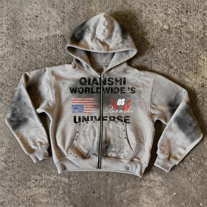 Custom Graphic Rhinestone Zip Hoodie Premium French Terry Cropped Zip up Hoodies Men Oversized Acid Wash Distressed Hoodie - Product Image 2