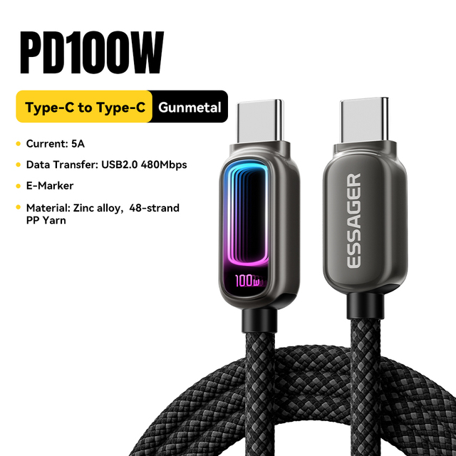 ESSAGER ES-X81 E-Marker PD100W Type C to Type C 100W/5A Usb C Fast Charger Mobile Phone Laptop Cable for Iphone Oppo Vivo Xiaomi