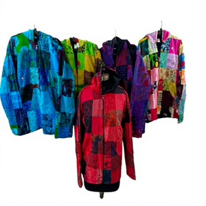Unisex 100% Cotton Winter Hooded Jackets with Zipper <b>Yarn</b> Dyed Patchwork Design Breathable & Anti-shrink Nepal Origin - Product Image 1