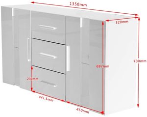 High Gloss <strong>2</strong> Door Sideboard Cupboard with LED Lights and 3 <strong>Drawers</strong> Display Cabinet <strong>Storage</strong> <strong>Unit</strong> for Living Room Bedroom - Product Image 2