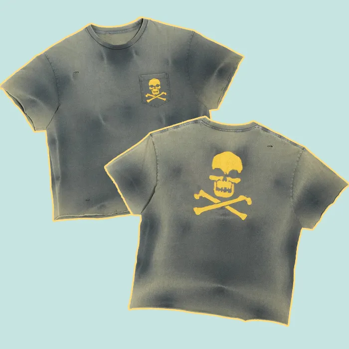 huili new design heavy cotton t shirt custom personalized raw hem edge t-shirt men skeleton printed vintage acid wash t shirt