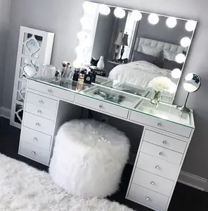 Mobiliário do quarto glam espelhado vanity mesa com espelho de hollywood