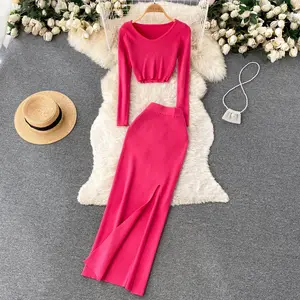 French Retro Sexy Knitted Suit Single Shoulder Halter Top Female Open Half Skirt Two Piece Set