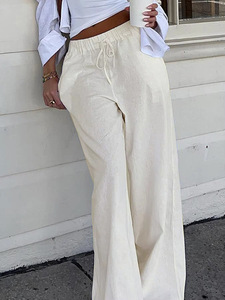 Pantaloni Palazzo Estivi da <span class=keywords><strong>Donna</strong></span> 100% Lino a Gamba Larga, Vita Alta, Vestibilità Ampia, Casual, Traspiranti, Tinta Unita con <span class=keywords><strong>Tasche</strong></span> - Product Image 3