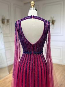 Fuchsia Kralen A-Line Avondjurk Cape Mouwen Tot Op De Grond Geïnspireerde Beroemdheden Ademend Voor Vrouwen - Product Image 6