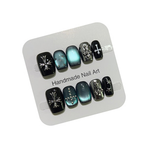 OEM ODM Skylark Clous à pression bleus métallisés faits à la main en forme d'oeil de chat 3D Silver Cross Star Design ABS Finger Glue Personnalisable 250PCS - Product Image 5