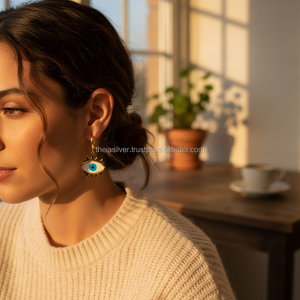 Pendientes de Diseño de Ojo con Circonitas Chapados en Oro de Moda para Mujer, Joyería Turca al por Mayor de Plata de Ley 925 para Bodas y Fiestas - Product Image 3