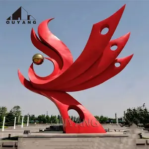 Quyang büyük Modern sanat açık dekorasyon Metal döküm heykeli kırmızı paslanmaz çelik soyut Phoenix heykel