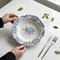Service de table en céramique durable et écologique à motif de roses bleues françaises, assiette à dessert créative en relief