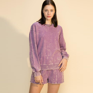 Set Casual da Donna Primavera/Estate in Cotone 100% con Felpa con Cappuccio a Collo Tondo e Pantaloncini Sopra il Ginocchio, Effetto Vintage e Color Block - Product Image 2