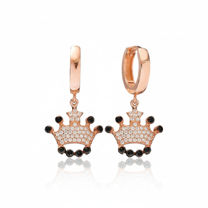 Crown Design <b>Black</b> and White Stone <b>Dangle</b> <b>Earrings</b> Turkish Handmade Wholesale 925 Sterling Silver Jewelry - Product Image 2