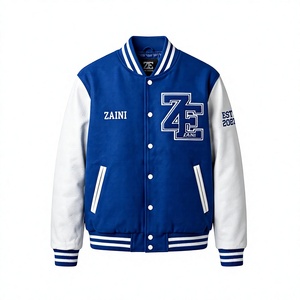 Veste universitaire haut de gamme en mélange de laine 400 GSM, bleu et blanc avec empiècements contrastants, broderie chenille personnalisée, streetwear OEM - Product Image 1