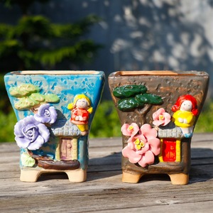 Vasi di <span class=keywords><strong>fiori</strong></span> di argilla fatti a mano vasi di piante simpatici della bambina della casa del fumetto - Product Image 1