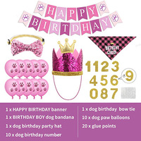 Kit de Décoration Anniversaire pour Animaux de Compagnie Motif Écossais Bleu pour Chats et Chiens avec Bandana, Couronne, Chapeau, Bannière, Ballons Patte et Autocollants Chiffres