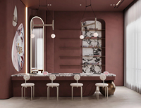 Ensemble de mobilier sur mesure pour salon de coiffure : comptoir de réception, poste de coiffage et vitrine