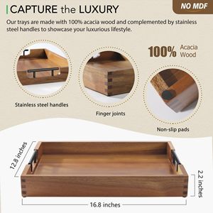 Acacia Wood Serving <b>Tray</b> Solid Wood 12x18 Inch With Metal Handles For <b>Tea</b> Coffee Hotel Use - Product Image 2