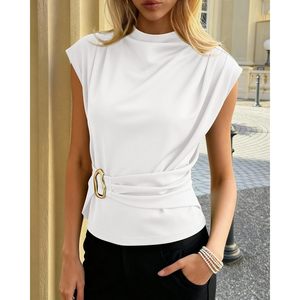 Women Blouse Cap Sleeve Mock Neck Wrap <b>Tie</b> Buckle Top Work Business Casual Poplin Elastic Fit - Product Image 5